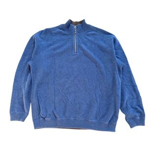 Tommy Bahama Reversible Mens L Blue‎ Brown 100% Cotton Quarter Zip Sweater